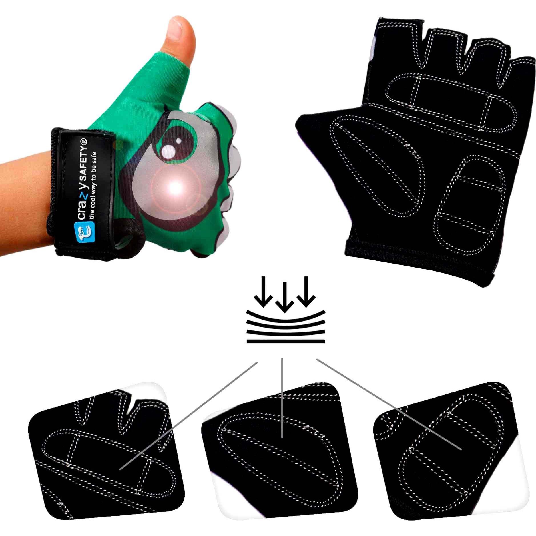 Crazy Safety, Handschuhe, Kids bike gloves with reflective eyes and padded palms - Green - Size S, Grün, (S)