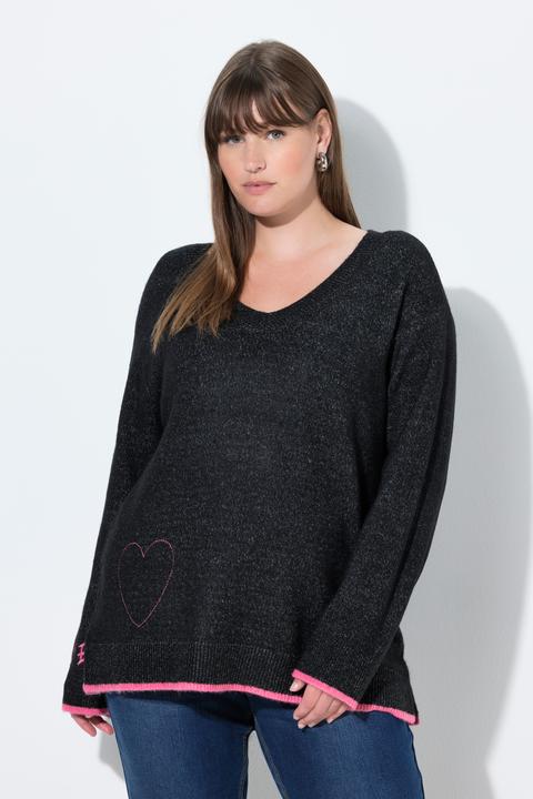 Produktbild Ulla Popken Pullover, Herzstickerei, V-Ausschnitt, Langarm (54)
