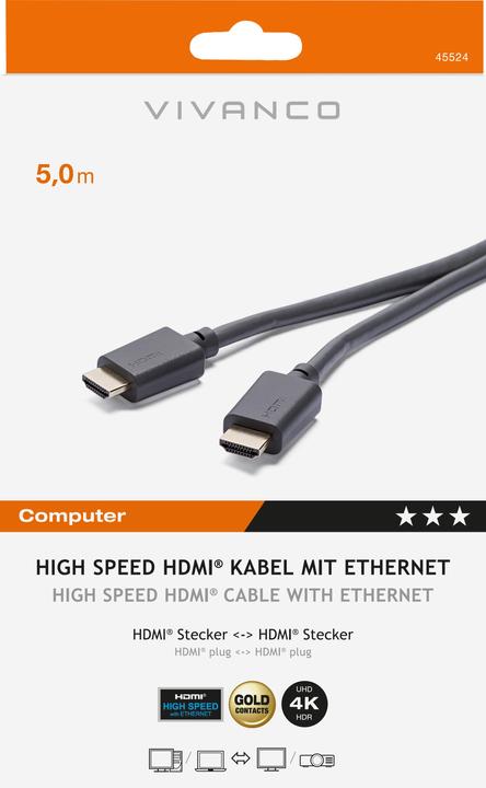 Image du produit Vivanco Câble HDMI haute vitesse avec Ethernet, contacts plaqués or, 4k/60Hz, 5m (5 m)