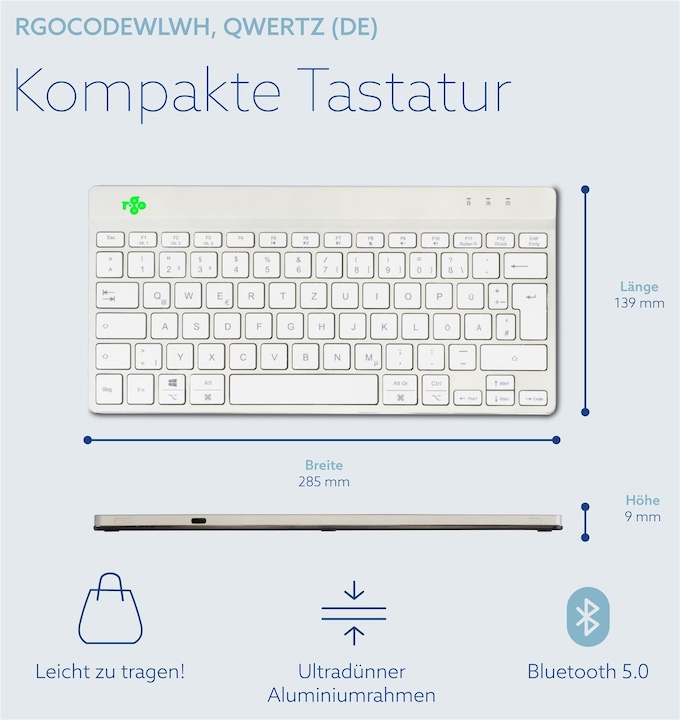 Produktbild R-Go Tools R-Go Compact Break ergonomische Tastatur, QWERTZ (DE), bluetooth, weiss (DE, Kabellos)