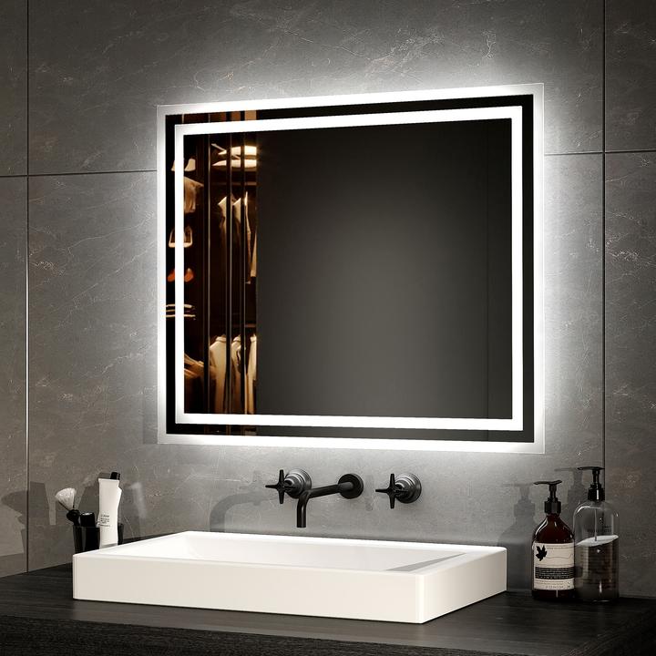 Actual product image Emke LED Bathroom Mirror 60x50 cm, Warm-/Cool White, Toggle Switch, Anti-Fog, Aluminum, IP44