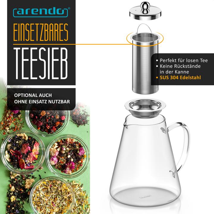 Produktbild Arendo Teekanne 1,2 L, Teebereiter Borosilikatglas, Teefilter Teesieb für losen Tee, Edelstahl Siebeinsatz (1.20 l)