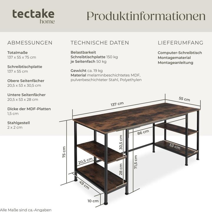 Image du produit tectake Bureau informatique Stoke (55 x 55 x 75 cm)