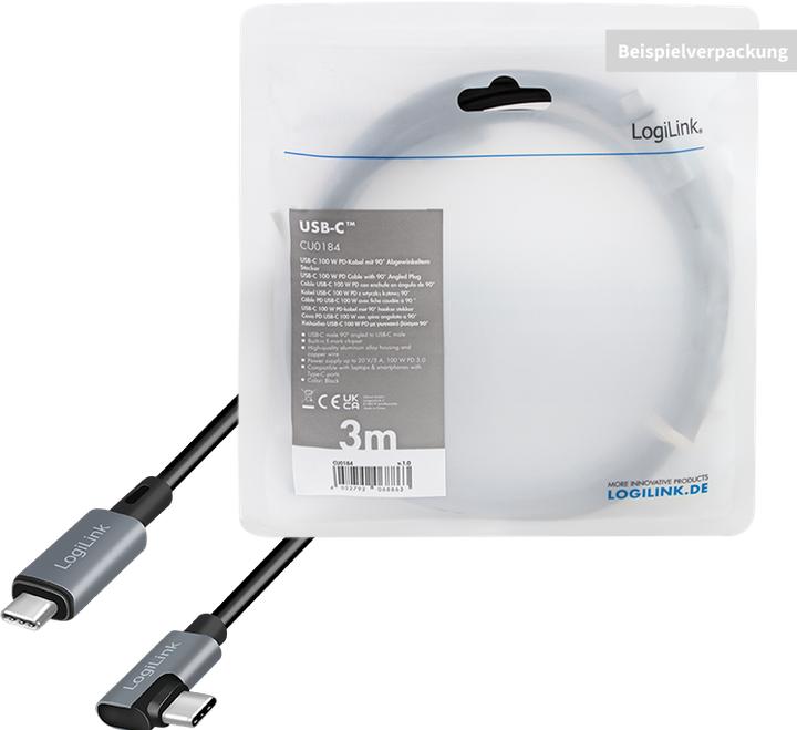 Produktbild LogiLink USB 2.0 Type-C-Kabel, USB-C/M 90° zu USB-C/M, E-mark, PD, schwarz, 2 m (2 m, USB 2.0, 100 W)