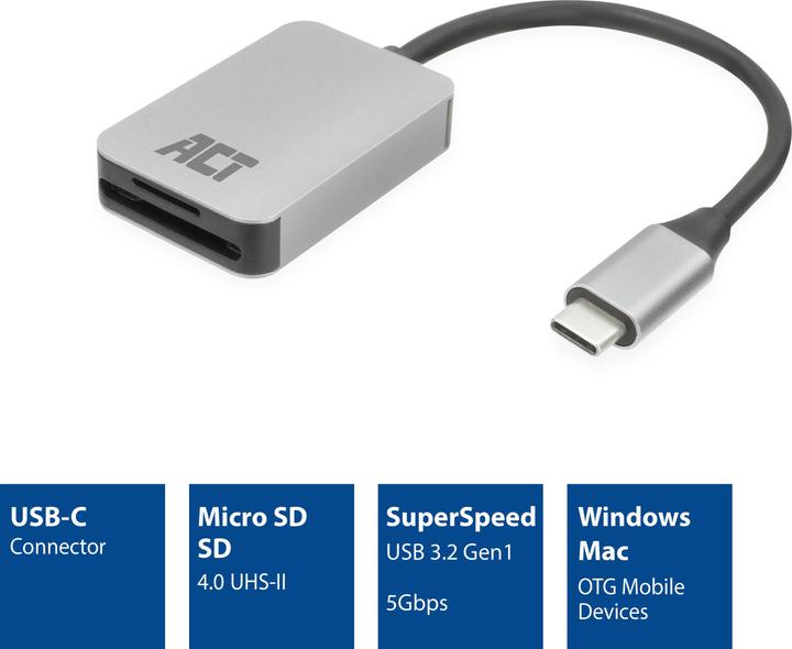 Actual product image ACT USB-C card reader for SD and micro SD, SD 4.0 UHS-II