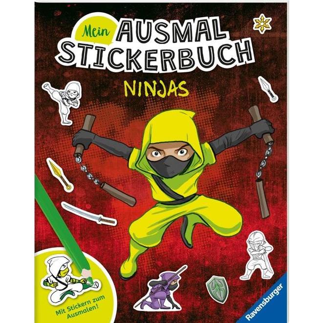 Ravensburger Mein Ausmalstickerbuch Ninjas - Grosses Buch mit über 250 Stickern, viele Sticker zum