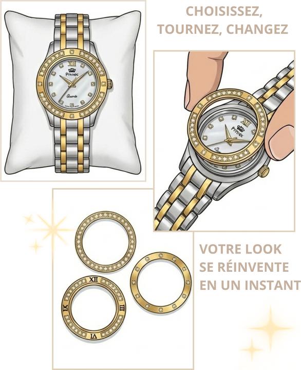 Immagine prodotto Primex Schweizer Damenuhr – Metallarmband – Perlmuttzifferblatt – 3 austauschbare Lünetten (Fatto in Svizzera, Orologio da polso analogico, 30 mm)