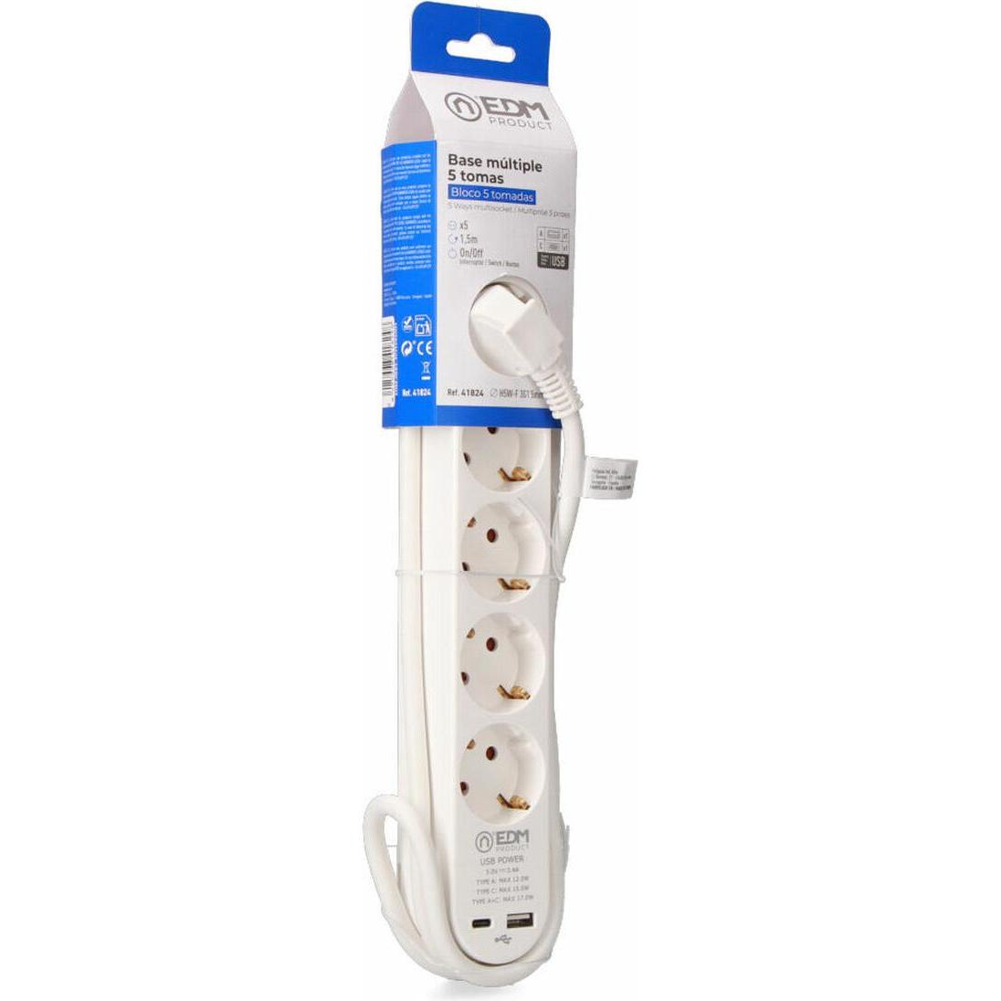 EDM, Ciabatta multipresa, Steckerleiste mit 5 Steckdosen und Schalter 41824 Weiss 3680 W 250 V (1,5 m) (5x, USB-A, USB-C, 1.50 m)