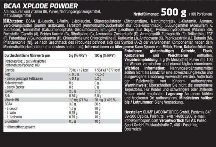 Nutritional values and ingredients Olimp Sport Nutrition BCAA Xplode (1 Piece, Powder, 500 g)