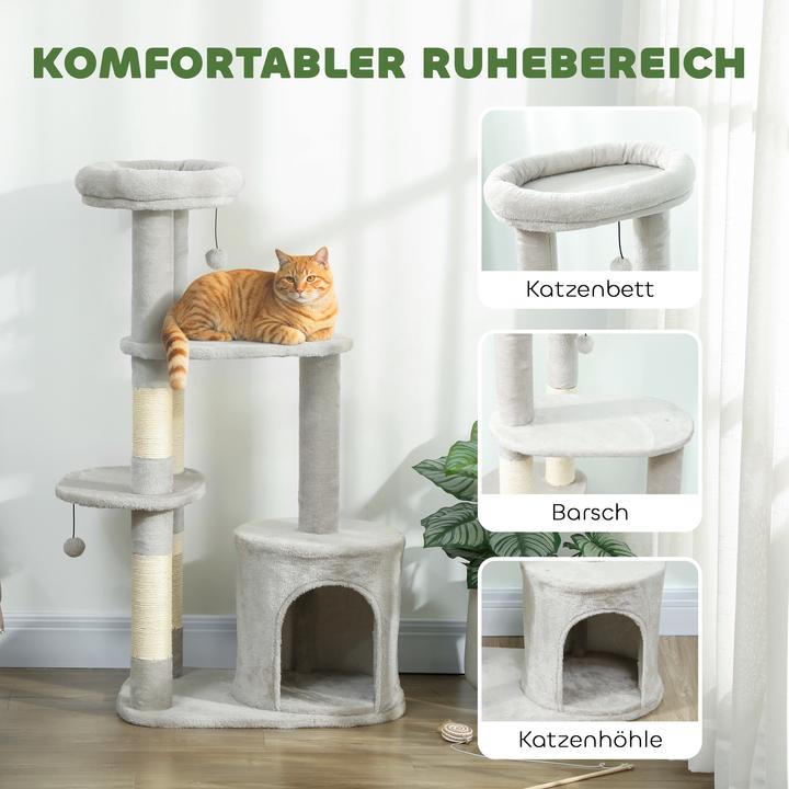 Produktbild PawHut Kratzbaum Spanplatte, Polyester Hellgrau (114 cm, Hellgrau)