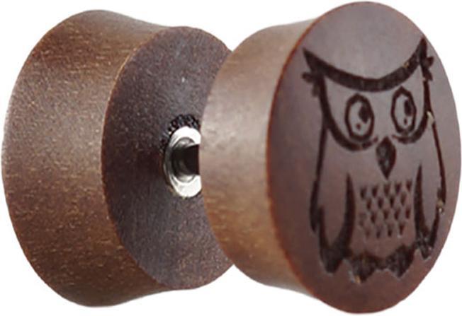 Actual product image Star Piercing Fake plug made of Sawo wood with owl (without brass, Organic)
