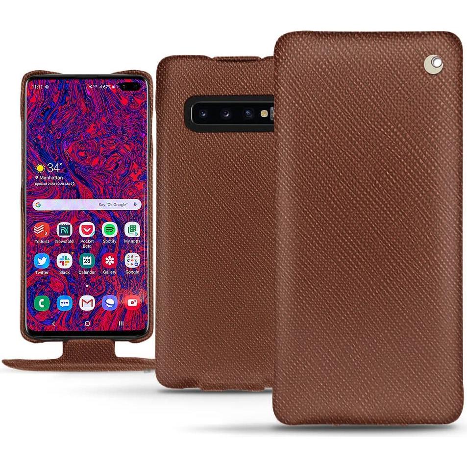 Noreve Lederschutzhülle vertikal (Samsung Galaxy S10+), Smartphone Hülle, Braun