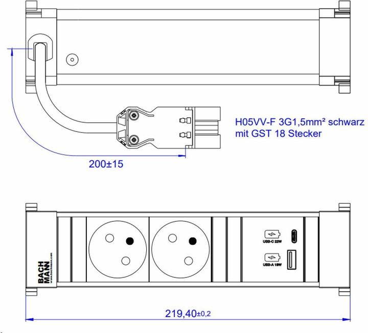 Produktbild Bachmann Power Frame S 2xUTE 916.5251xUSB A&C 22W Charger 0.2mGST18 (2x, CEE 7/3, CEE 7/5)