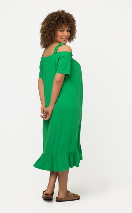 Actual product image Ulla Popken Shoulder Tie Carmen Style Ruffle Hem Stretch Knit Dress (50, 52)