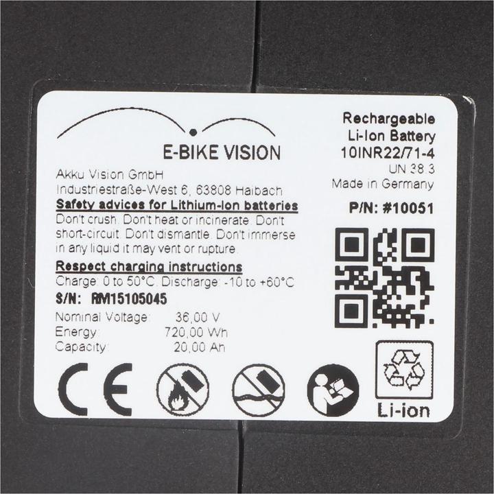 Actual product image E-Bike-Vision E-bike battery Riese und Müller Charger Nuvinci 36 Volt 20Ah 720 Wh (E-Bike battery)