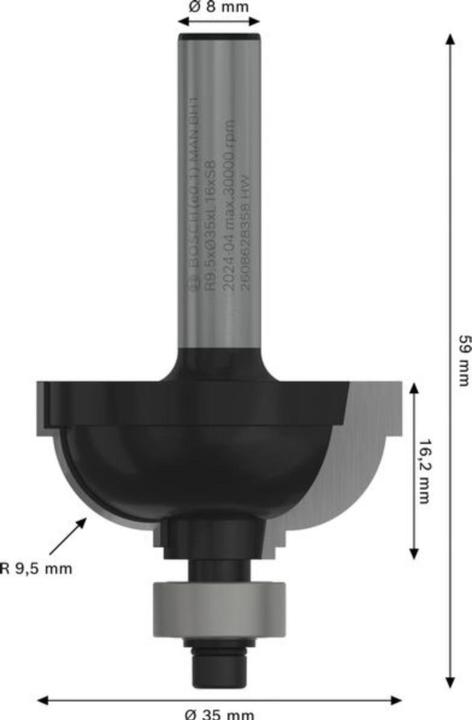 Produktbild Bosch Professional Zubehör Kantenformfräser F, 8 mm, R1 9,5 mm, D 35 mm, L 16,2 mm, G 59 mm