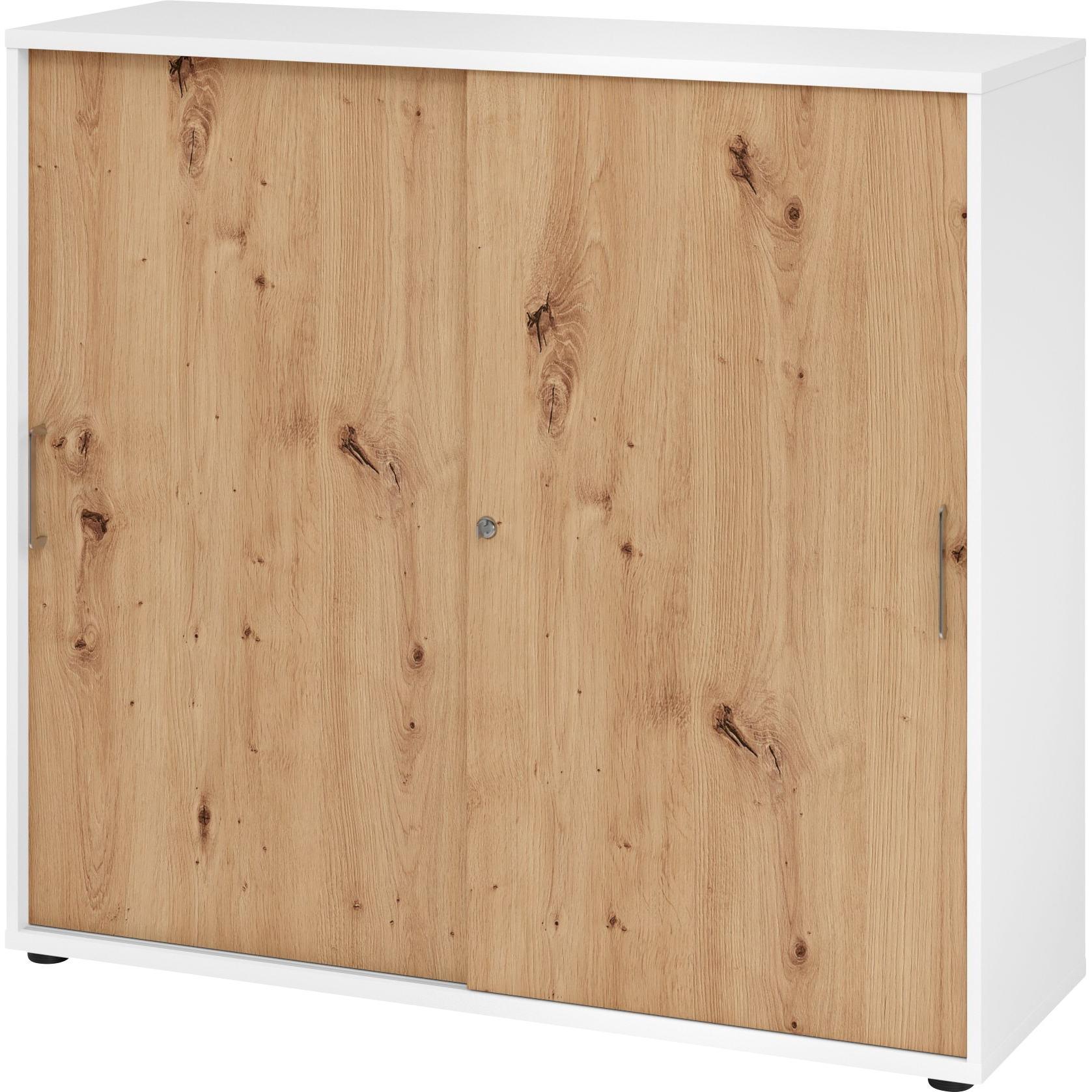 Hammerbacher, Aktenschrank, Schiebetürschrank 3OH 120cm BS Weiss/Asteiche (120 x 40 x 110 cm)