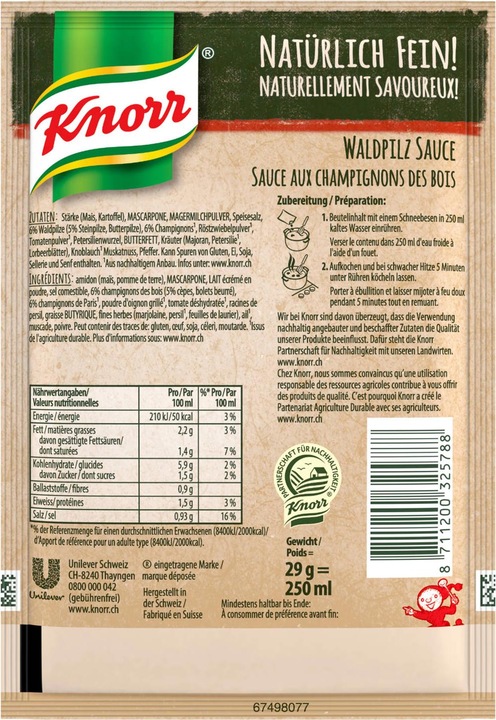 Nährwerte und Zutaten Knorr 100% Natürlich Waldpilz Sauce Beutel mit feinen Champignons, ideal zu Pilz, Fleisch & Pasta (33 g)