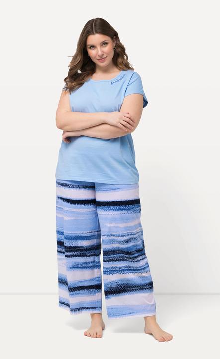 Image du produit Ulla Popken Pyjama à rayures avec broderie, col rond et manches courtes (50, 52)