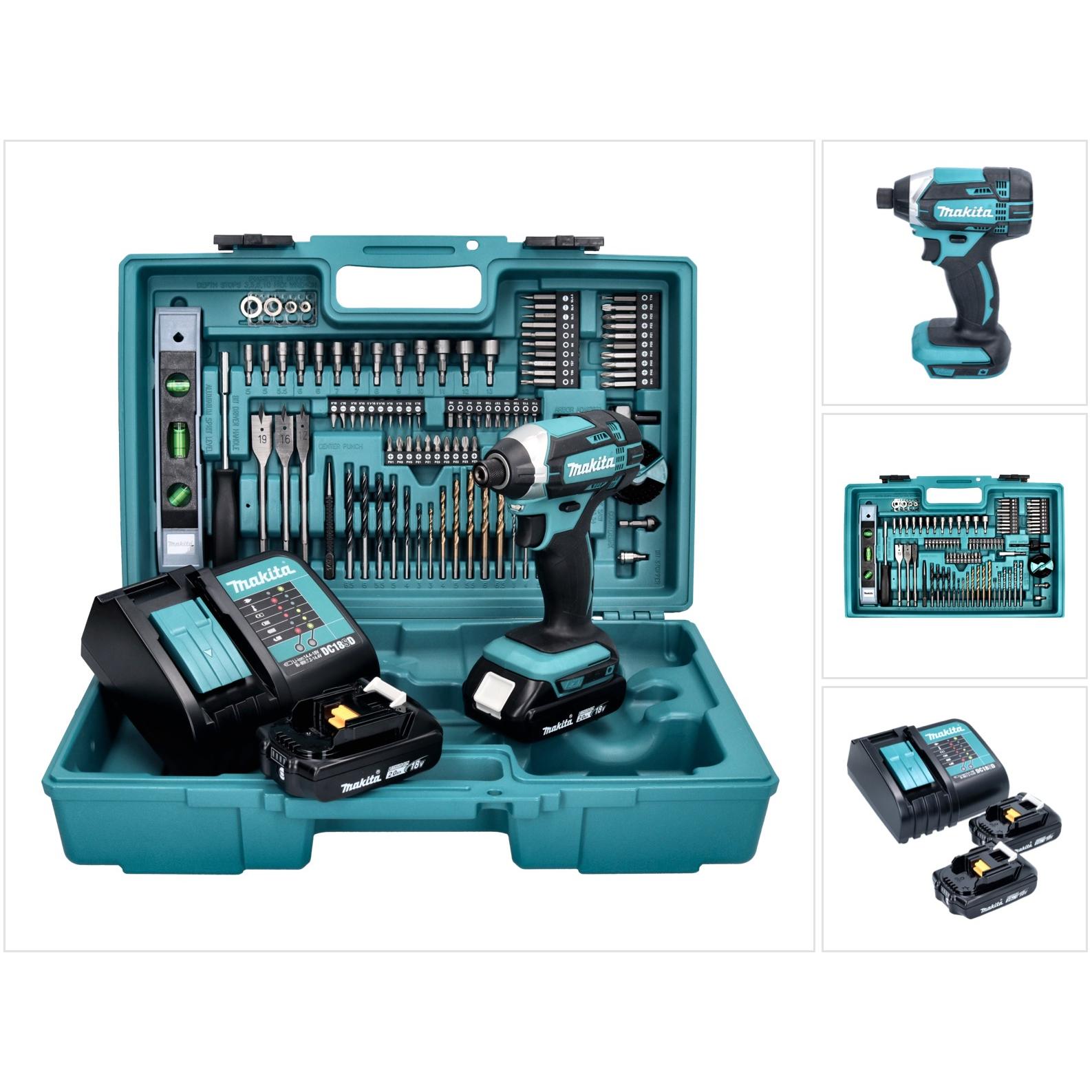 Makita, Bohrmaschine + Akkuschrauber, DTD 152 SA2X5 Akku Schlagschrauber 18 V 165 Nm + 2x Akku 2,0 Ah + Ladegerät + 101 ...