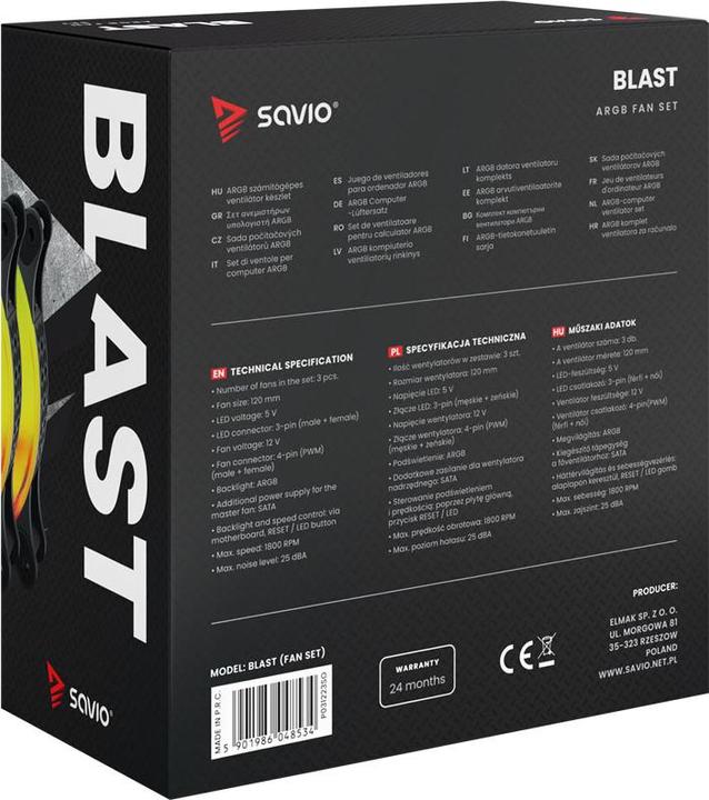 Produktbild Savio 3er-Set ARGB BLAST LÜFTERSET 3 x 120 mm 3-polig 5 V 4-polig 12 V (120 mm, 3x)