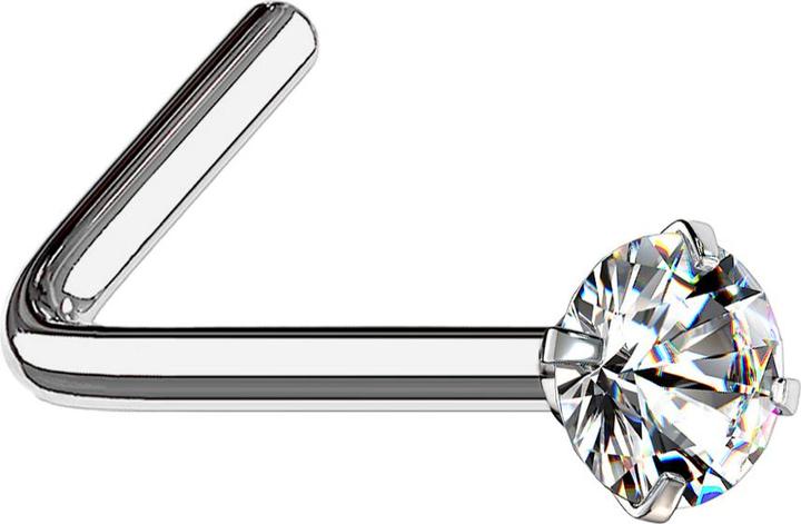 Star Piercing Clous de nez coudés argentés cristal rond serti d'argent (sans laiton, Titane G23)