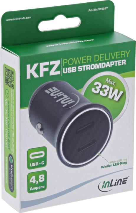 Produktbild InLine USB KFZ Stromadapter Power Delivery, 2x USB Typ-C, schwarz
