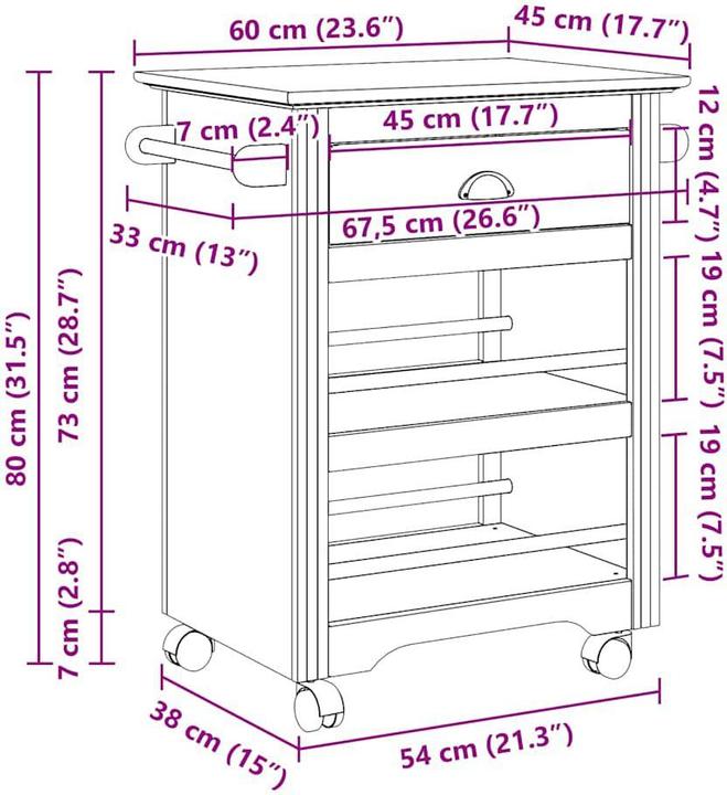 Actual product image vidaXL Kitchen trolley BODO White and brown 67.5x45x80 cm Side trolley Storage trolley