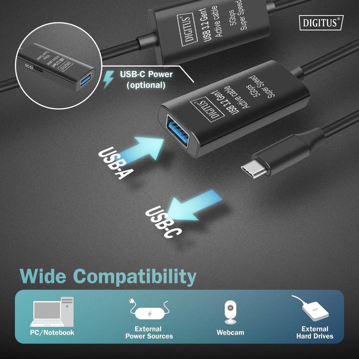 Actual product image Digitus Active USB 3.2 Gen1 5G extension cable, USB-C - USB-A, 10m (10 m, USB 3.2 Gen 1)
