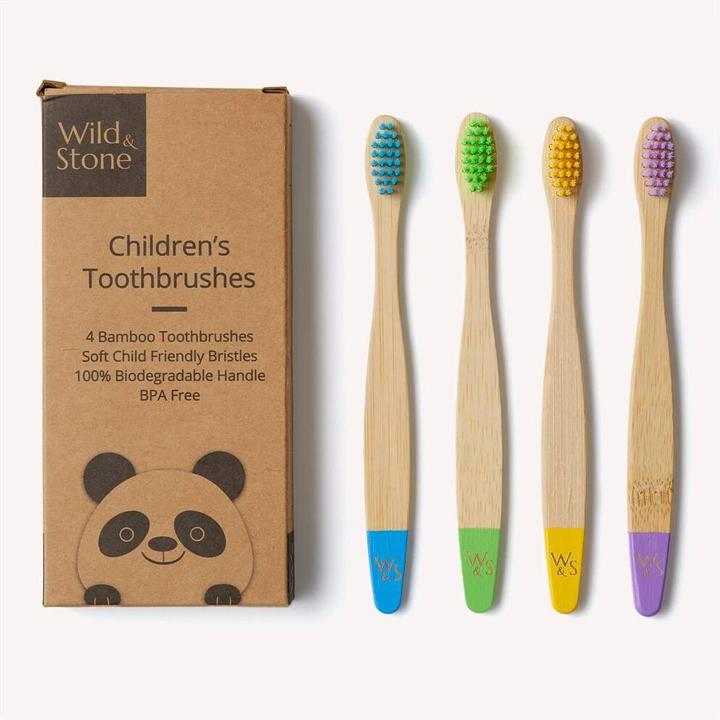 Wild & Stone Brosses à dents pour enfants en bambou, douces, multicolores, lot de 4 (Souple, 4 x)