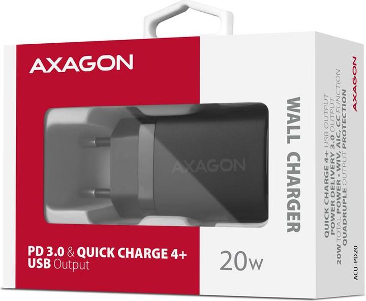 Produktbild Axagon ACU-PD20, charger for wall outlet 20W, 1x USB-C port, PD3.0/PPS/QC4+/AFC/Apple, black (20 W, 1 Port)
