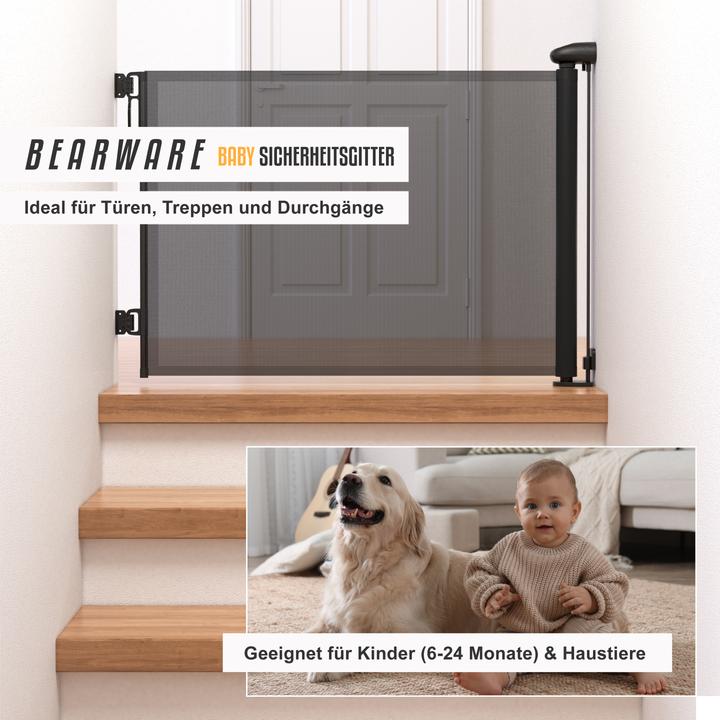Actual product image Bearware Baby Sicherheitsgitter, Einhandbedienung, geeignet für Treppen, Türen, ausziehbar, 180cm, schwarz