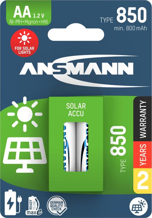 Produktbild Ansmann Solar NiMH Akku Mignon AA Typ 850 (min. 800 mAh) maxE (2 Stk., AA, 800 mAh)