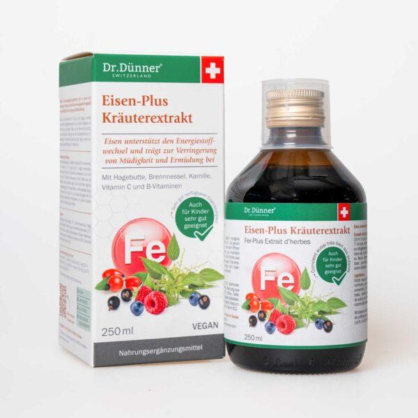 Actual product image Dr. Dünner Iron-Plus herbal extract with rosehip, nettle, camomile, vitamin C and B vitamins (250 ml)