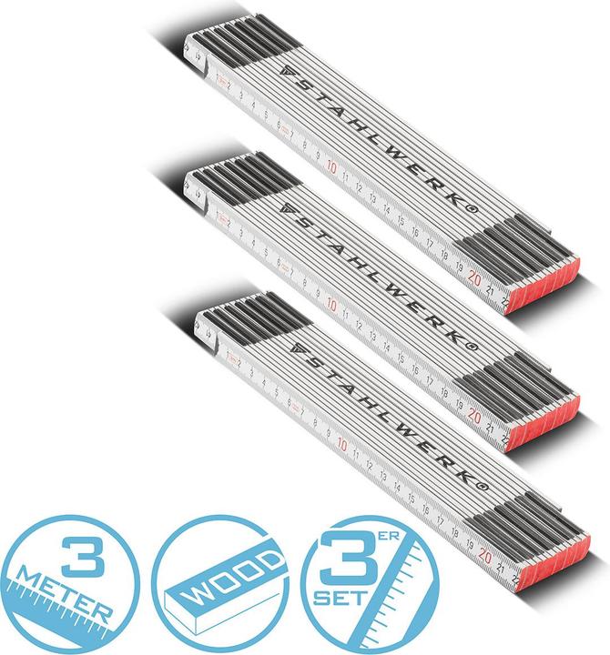 Produktbild Stahlwerk Zollstock 3er Set 3 Meter präziser Holz-Gliedermassstab, Meterstab (3 m)