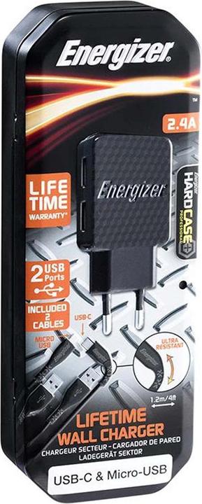 Productafbeelding Energizer Levenslange Muurlader USB-C + Micro-USB Kabel (2m) zwart (12 W, 2 ports)