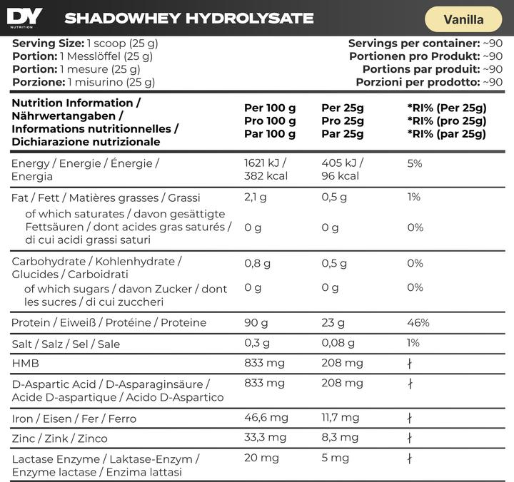 Nutritional values and ingredients DY Nutrition Shadowhey Hydrolysate (Vanilla, 1 x, 2270 g)