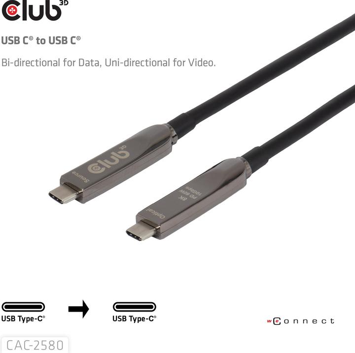 Immagine prodotto Club 3D Club3D USB-C AOC-Kabel 8K/ 10Gbps/ 60W 15m St/St (15 m, USB 3.2 Gen 2, 60 W)