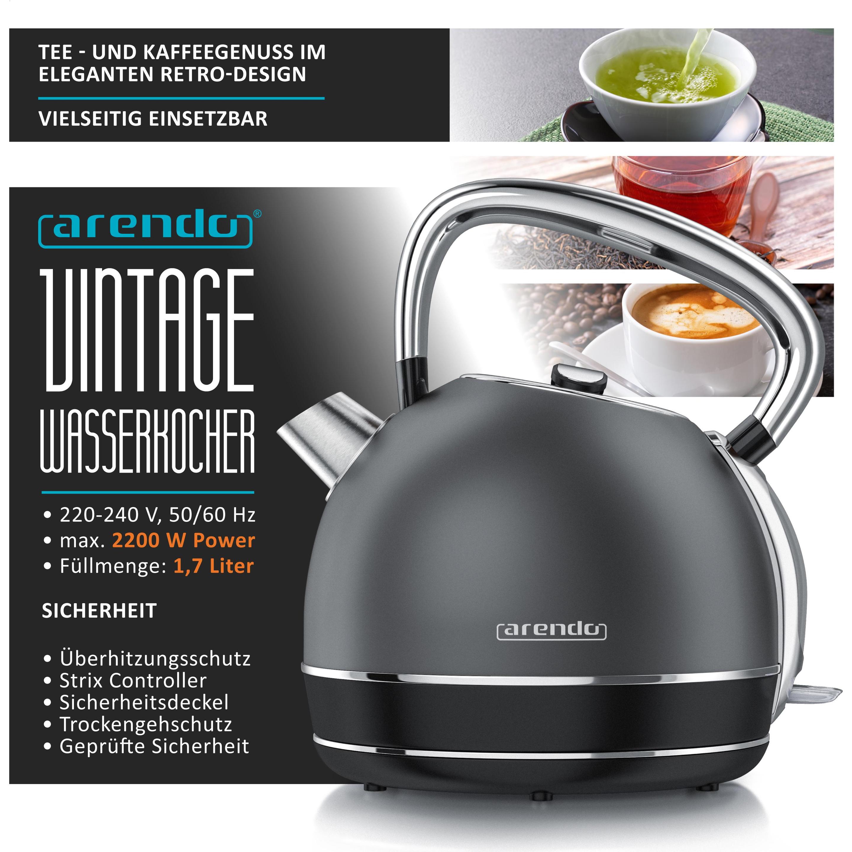Thumbnail - Arendo Wasserkocher 1,7 l, 2200 W, Edelstahl, Retro Style, Vintage, Überhitzungs & Trockenkochschutz, grau, Wasserkocher...