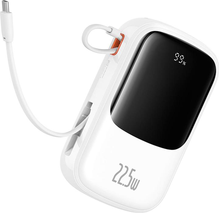 Produktbild Baseus Qpow Pro+ 20000 mAh 22,5 W Powerbank mit integriertem USB-C-Kabel und Display – Weiss (20000 mAh, 22.50 W, 74 Wh)
