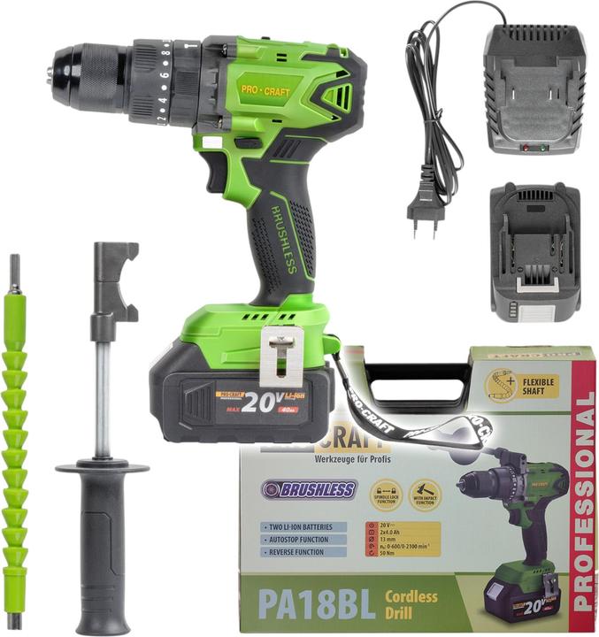 Produktbild Procraft PA18BL Akku Schlagbohrschrauber 20 V 50 Nm Brushless + 2x Akku 4,0 Ah + Ladegerät + Koffer