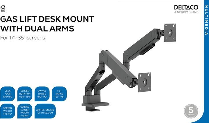 Productafbeelding Deltaco mounting kit - for 2 LCD displays/ curved LCD displays - gas spring up to 16 kg - black (Tabel, 35", 16 kg)