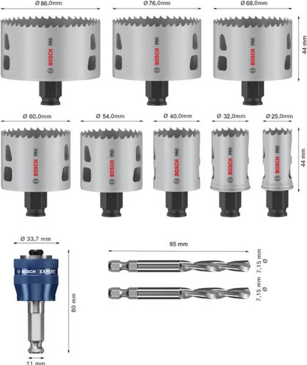 Productafbeelding Bosch Professional Zubehör PRO Multi Materiaal PC Plus gatenzaagset, 11 stuks. (25, 32, 54, 60, 68, 76, 86 mm, 40 millimeter)