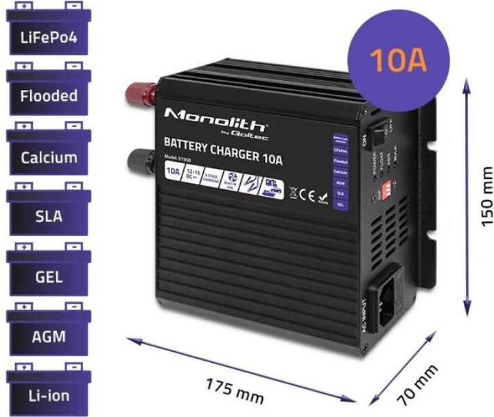 Produktbild Qoltec Inteligentna ładowarka Monolith do akumulatorów LiFePO4 AGM GEL SLA | 10A | 12V
