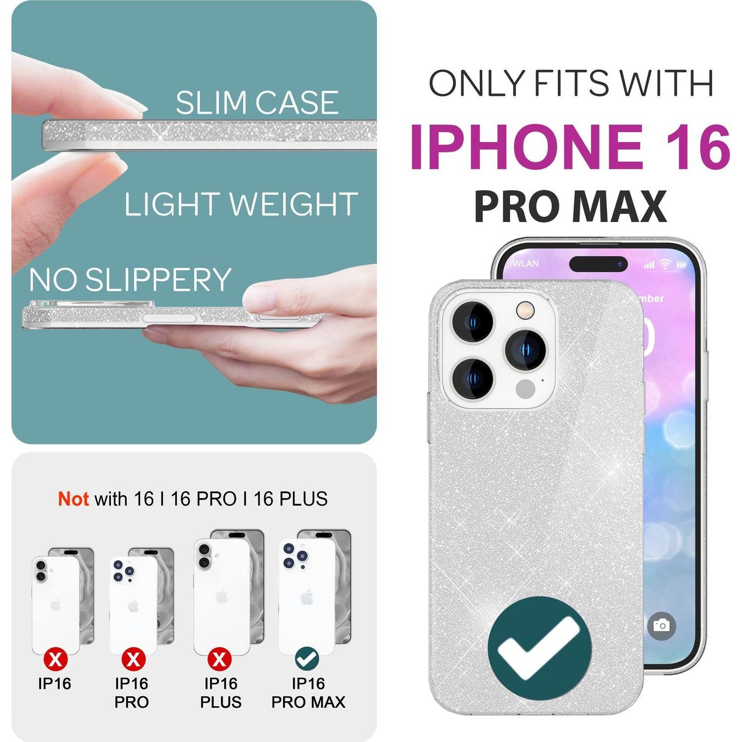 Thumbnail - Nalia Glitzer Hybrid Hülle (Apple iPhone 16 Pro Max), Smartphone Hülle, Silber
