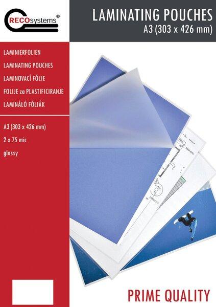 Image du produit RECOsystems Laminierfolien, 303 mm x 426 mm, DIN A3, Stärke 2 x 75 Micron, glänzend (A3, 100 pcs, 75 µm)