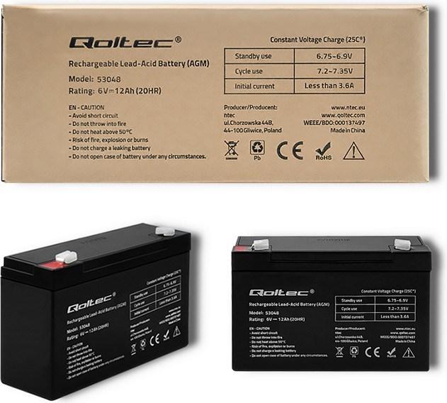 Actual product image Qoltec 53048 AGM battery| 6V| 12Ah - Battery - 12.000 mAh