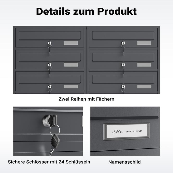 Produktbild Wiltec 12er Briefkastenanlage Anthrazit 2x6 Fächer Standbriefkasten Briefkasten