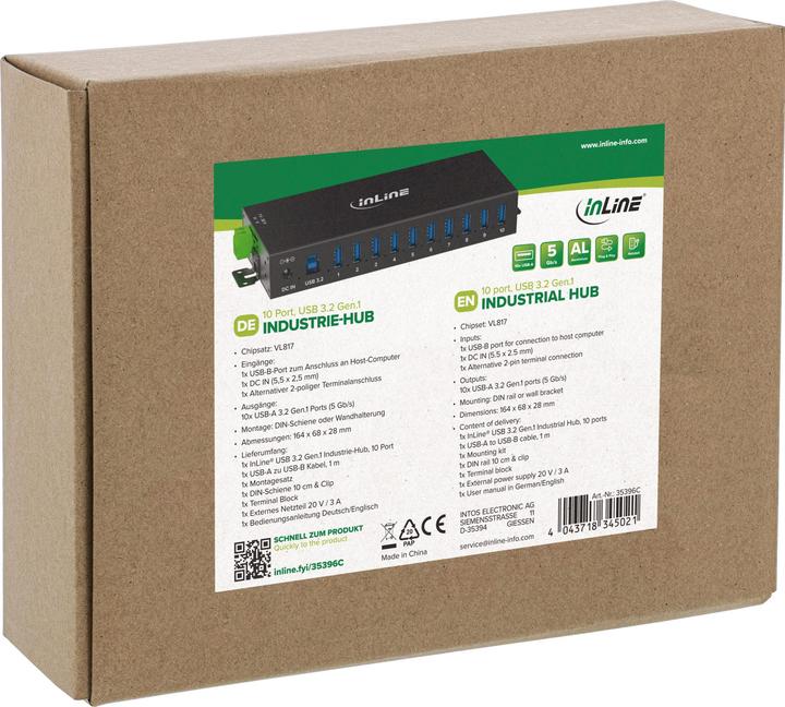 Produktbild InLine ® USB 3.2 Gen.1 Industrie-Hub, 10 Port, Aluminiumgehäuse, mit Netzteil (USB-A, 10 Ports)