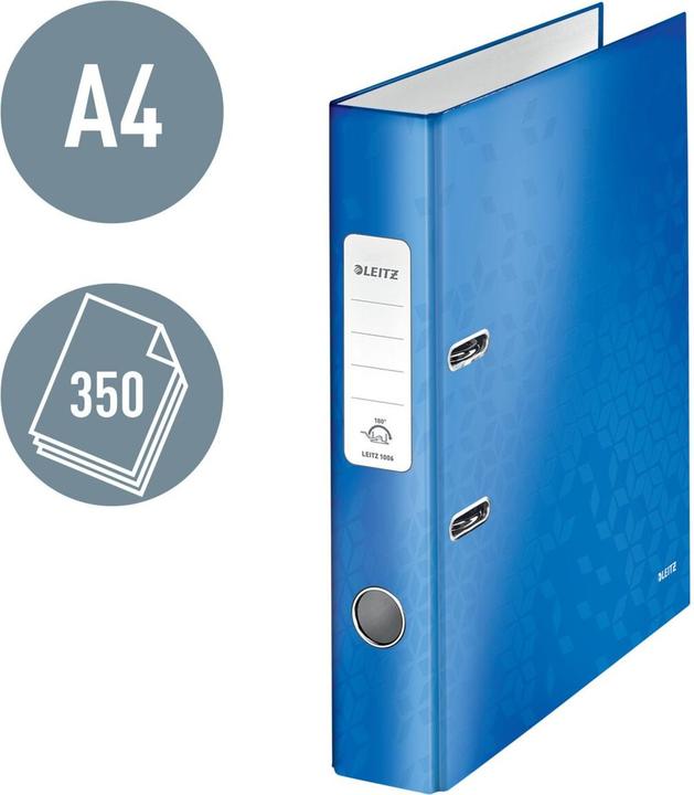 Produktbild Leitz Ordner WOW, 180 Grad, DIN A4, 50 mm, blau Einband aus Graupappe, innen und aussen mit laminiert (A4, 50 mm, 1 Stück)